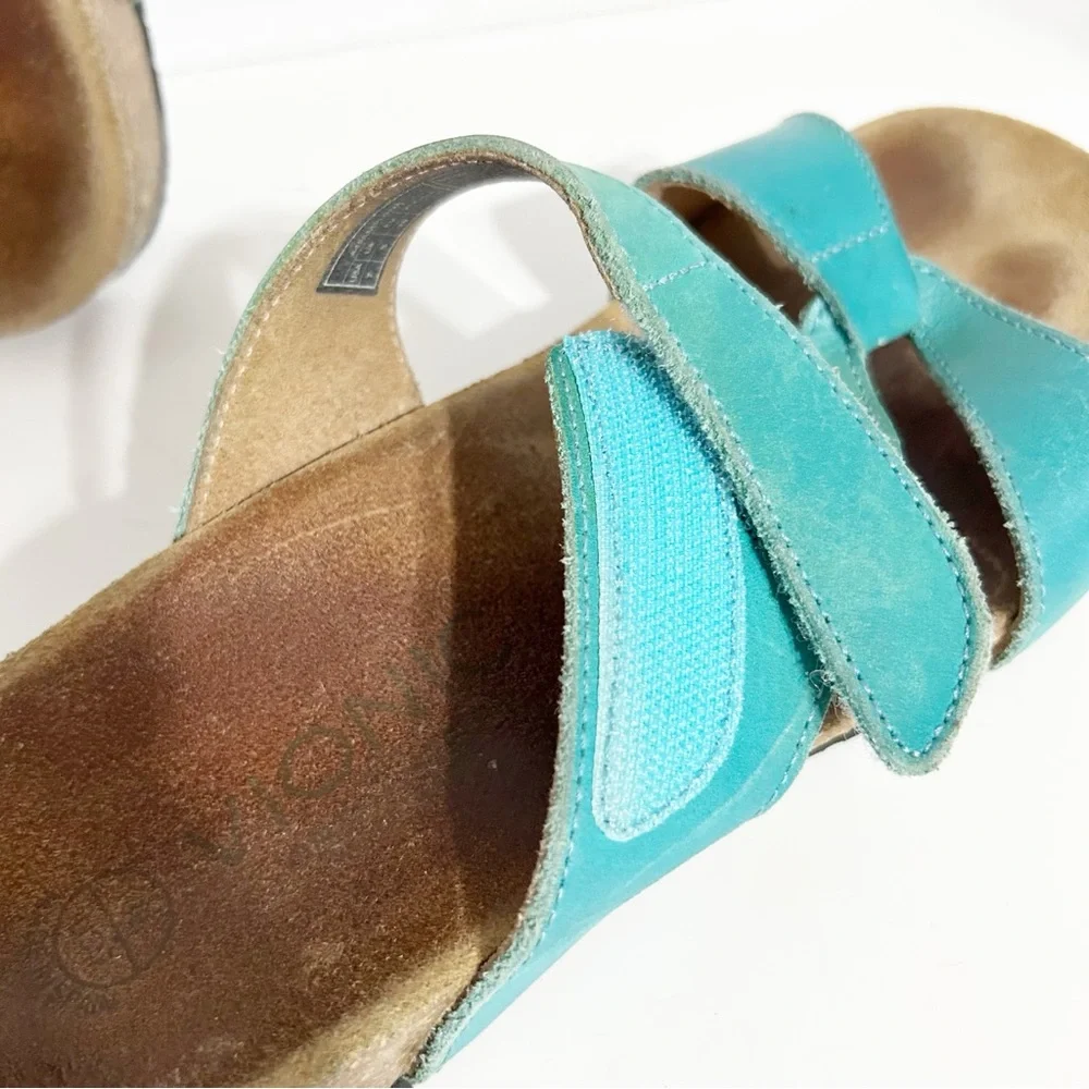 Vionic Teal Leather Pamplona Slide Sandals Cork Orthaheel Footbed Rubber Tread🩵